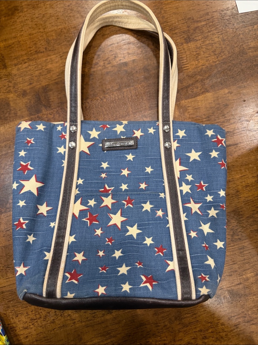 Longaberger Blue Star Print Tote with Red and Cream Accents